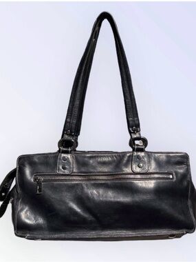 Perlina New York Black Soft Leather Shoulder Bag. Silver hardware. GUC